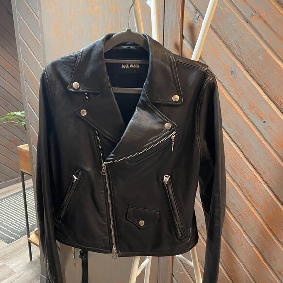 Buck Mason Black Heritage Shrunken Moto Leather Jacket (Women's M) - Picture 3 of 3
